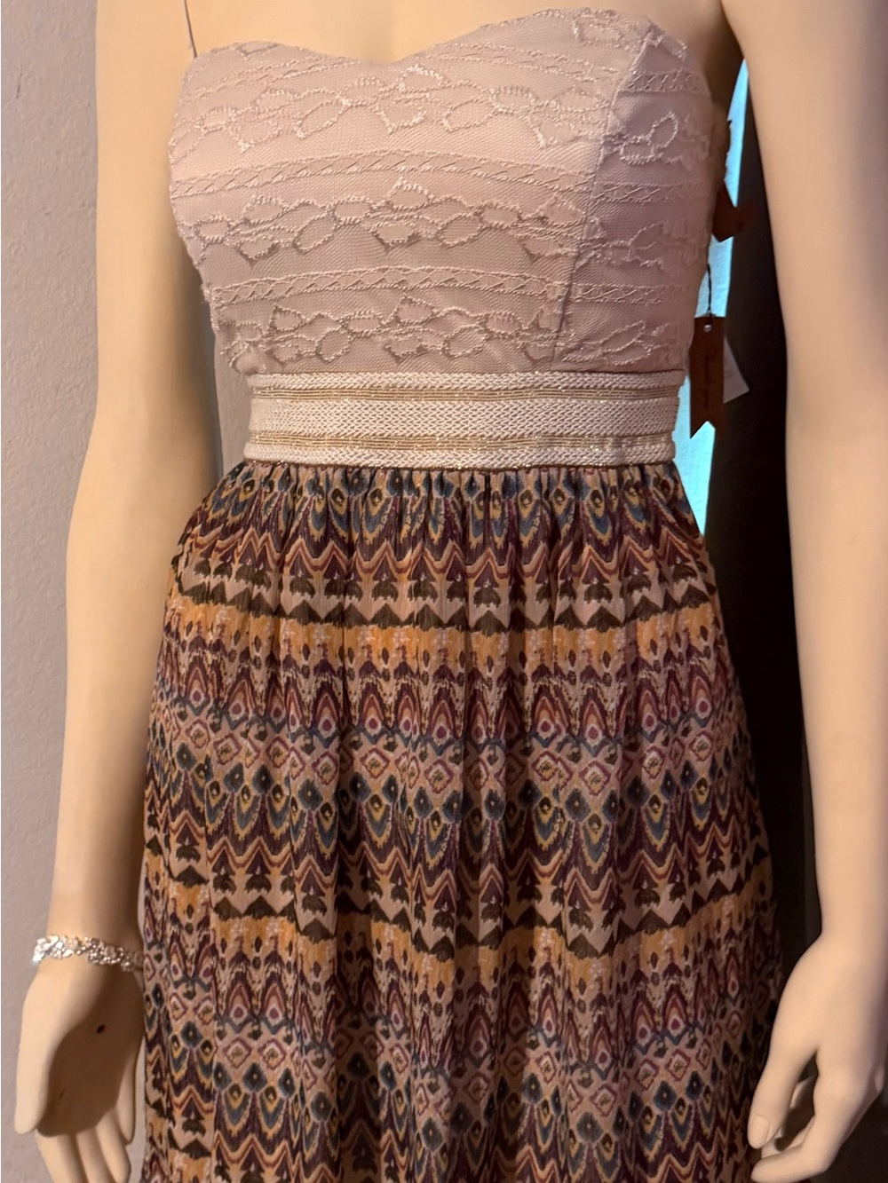 Strapless Lace Bodice Printed Maxi Dress
